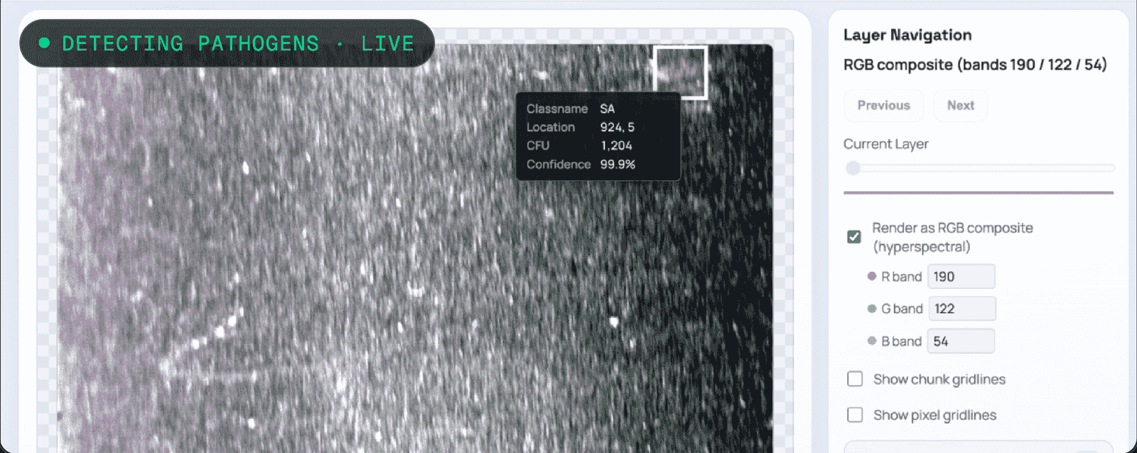 A hyperspectral surface read rendered as an RGB composite from selected spectral bands, with a live detection badge and a classification readout over the flagged region, beside layer-navigation controls for stepping through bands