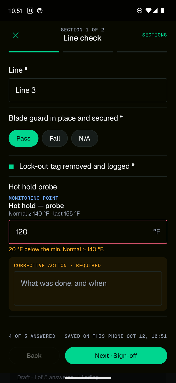 A line-check form on the Lumina mobile app: a pass, fail or not-applicable check, a checked lock-out item, and a hot-hold probe reading of 120 degrees flagged twenty degrees below its minimum, with a required corrective-action field beneath it