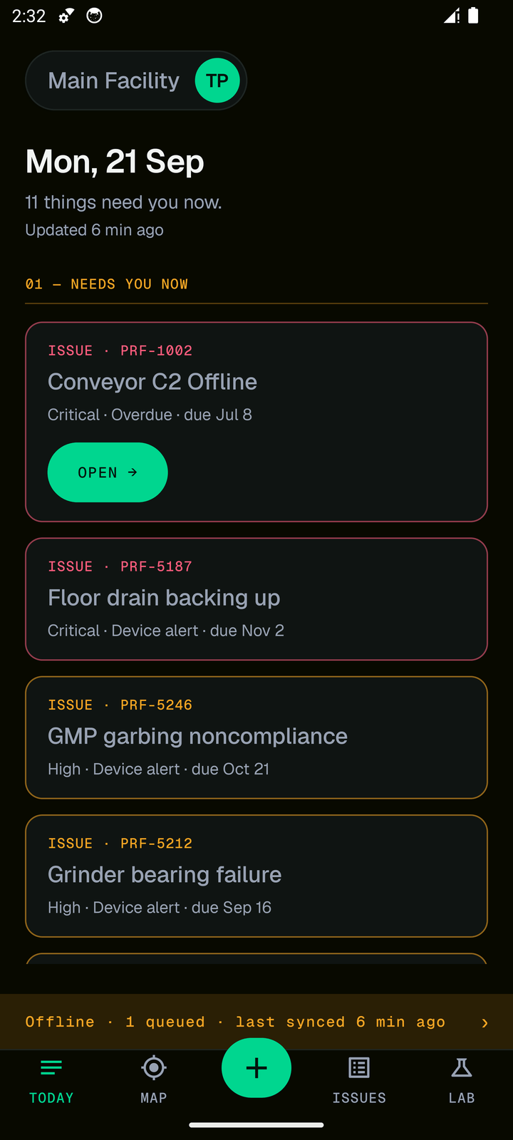 The same Today screen with the network off: the list is still served from the local cache, and an amber bar reads Offline, one queued, last synced six minutes ago