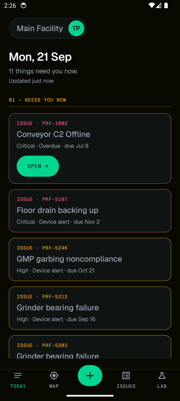 The Lumina mobile app's Today screen: a date, a count of items that need the signed-in person now, and a ranked list of issue and task cards showing severity, source and due date